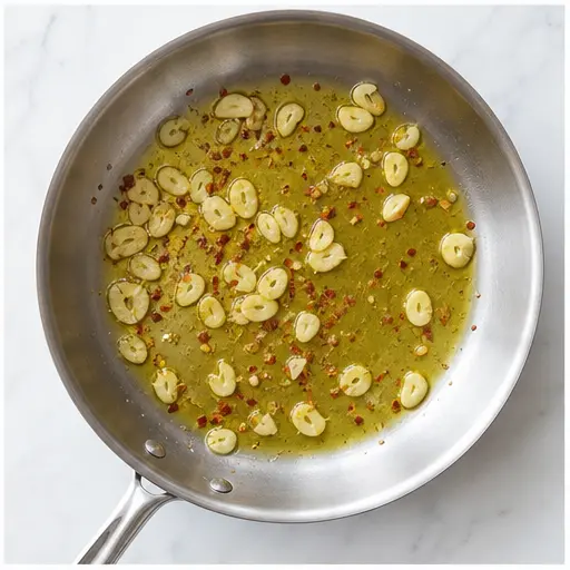 Step 2: Toasting garlic in olive oil until pale gold
