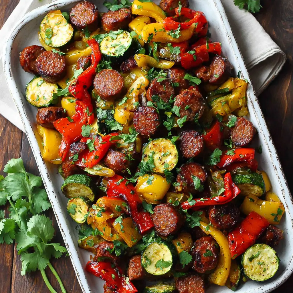 sheet pan sausage peppers zucchini - final presentation