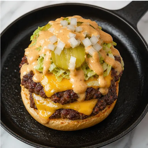 Step 4: Assembling the double smash burger with toppings and sauce