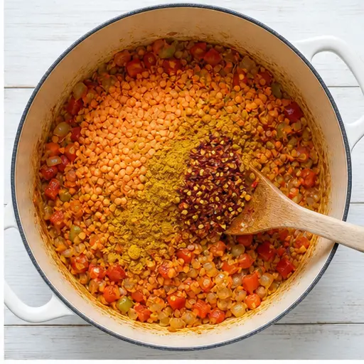 Step 2: Adding spices and red lentils