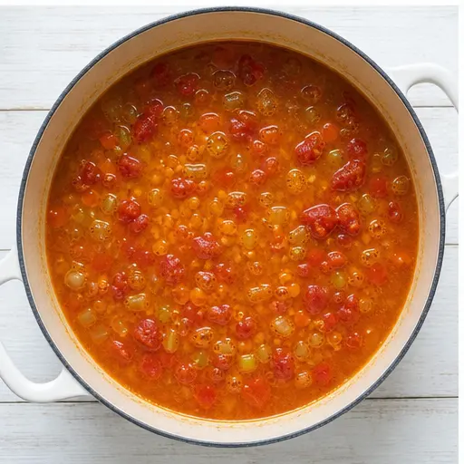 Step 3: Simmering with broth and tomatoes