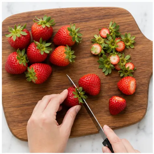 Step 1: Hulling fresh strawberries on a cutting board