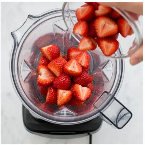 Step 2: Adding hulled strawberries to a blender jar