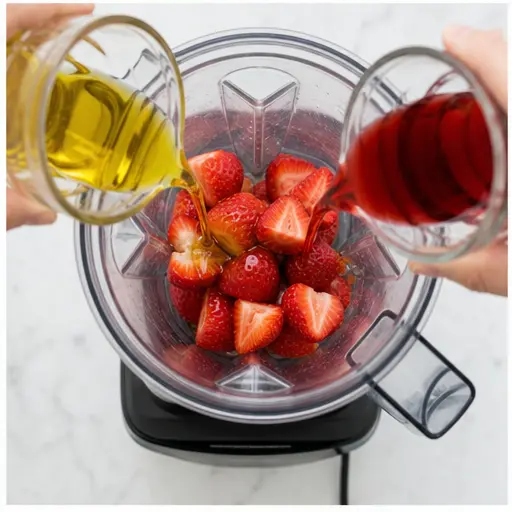 Step 3: Pouring olive oil and red wine vinegar into the blender