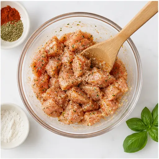 Step 2: Season chicken with spices and flour
