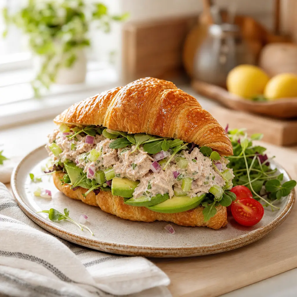 tuna salad croissant sandwich - final presentation
