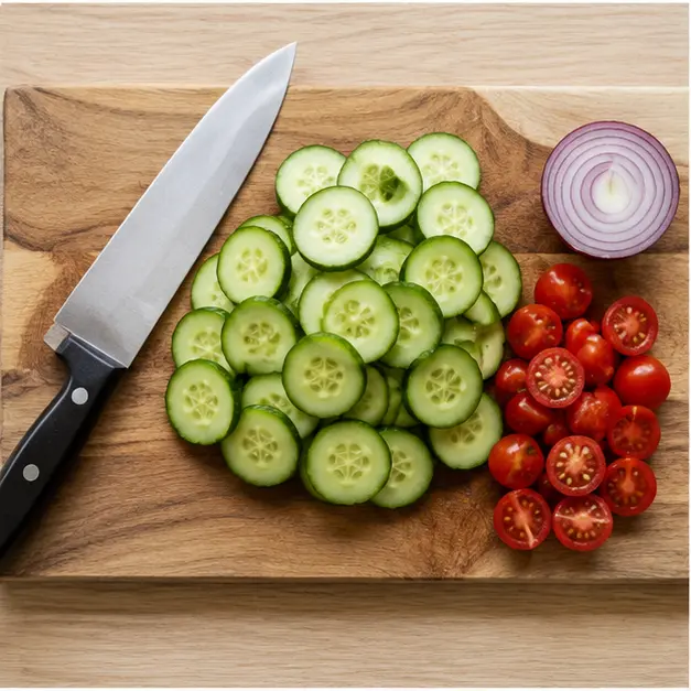 Step 1: Slice cucumbers, tomatoes, and red onion