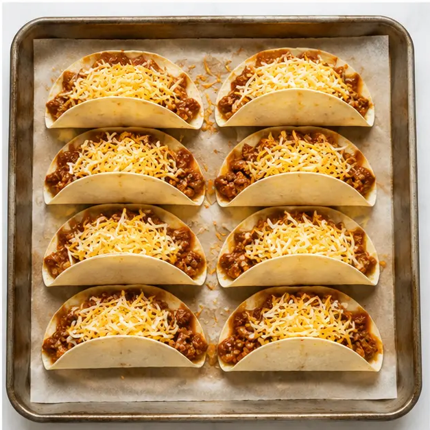 Step 4: Assembling tacos on a baking sheet
