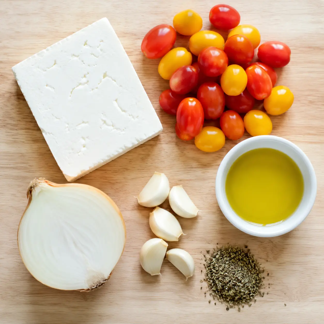 baked feta pasta - main ingredients