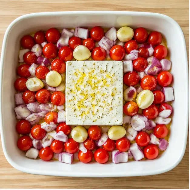 Step 1: Arrange tomatoes, onion, garlic, and feta in a baking dish