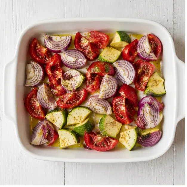 Step 1: Toss raw vegetables in oil and oregano