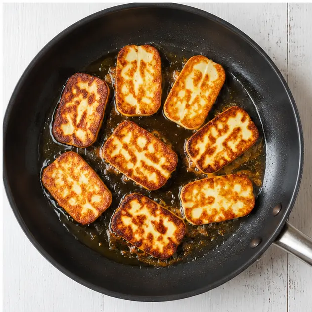 Step 4: Fry halloumi slices until golden