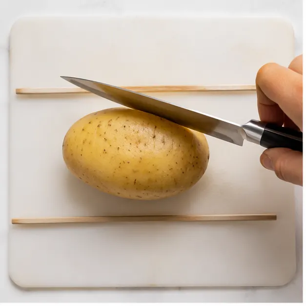 Step 1: Slicing the potatoes with chopstick guards