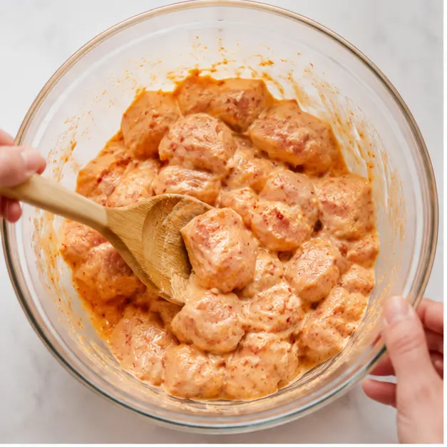 Step 1: Whisking marinade with chicken cubes