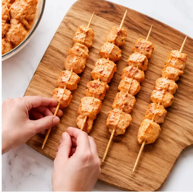 Step 2: Threading marinated chicken onto skewers