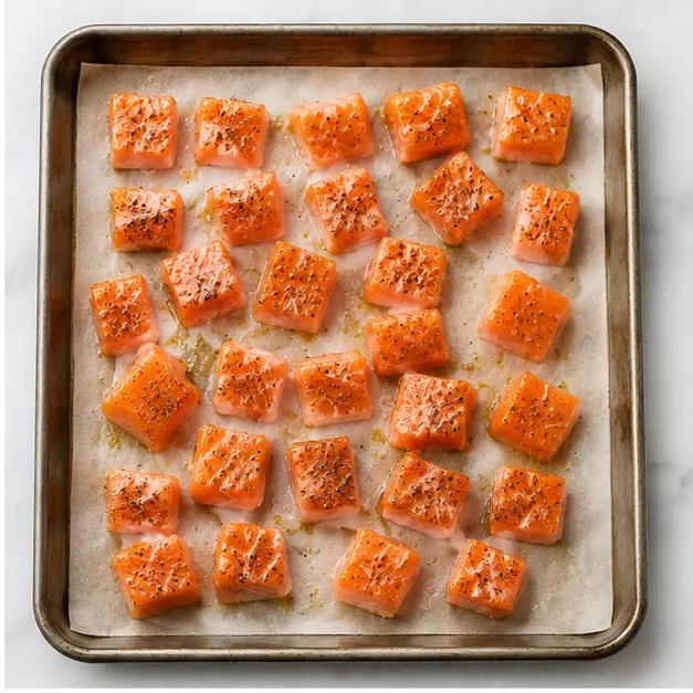 Step 2: Spreading salmon on baking sheet for oven