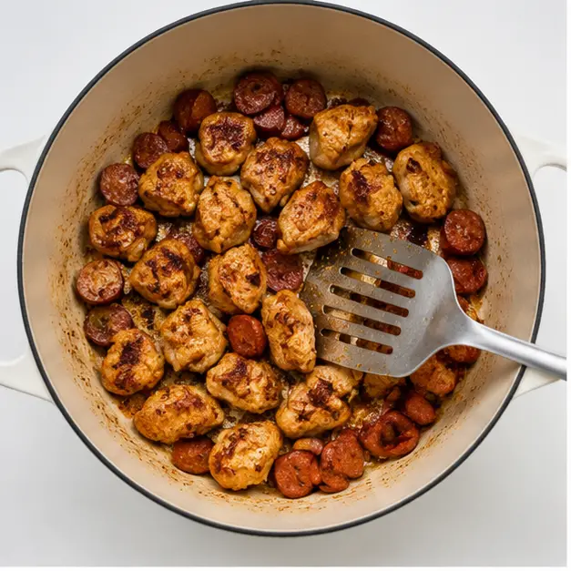Step 1: Browning chicken and andouille sausage