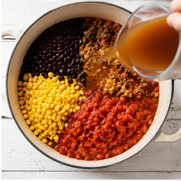 Step 2: Adding broth, beans, corn, and salsa