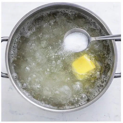 Step 2: Adding sugar and butter to boiling water