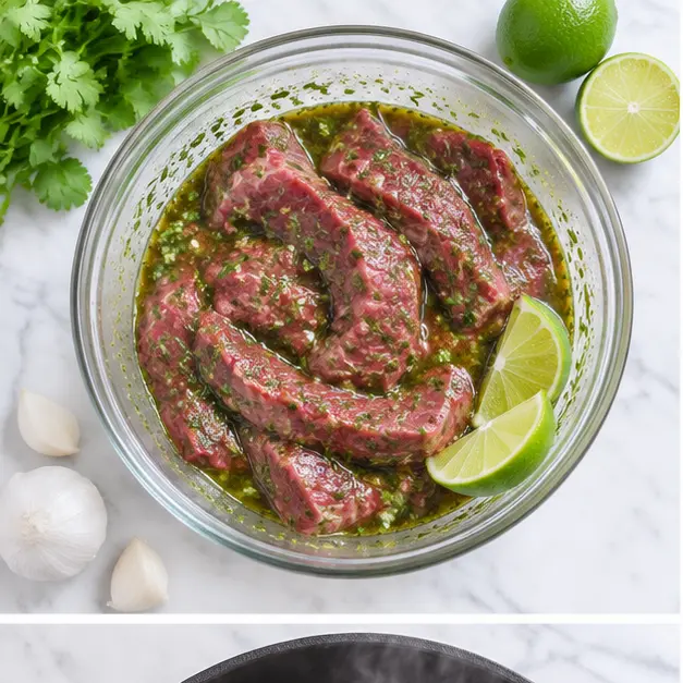 Step 1: Marinating the flank steak pieces