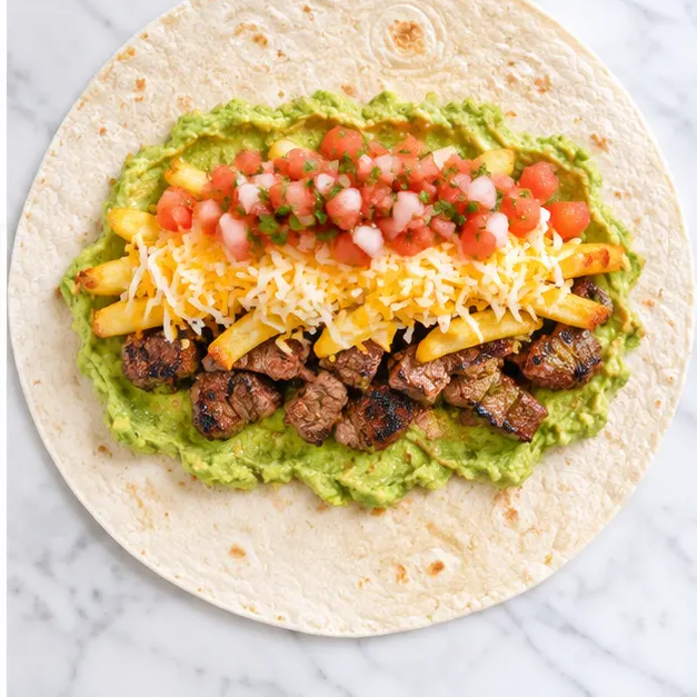 Step 4: Assembling the California burrito before rolling