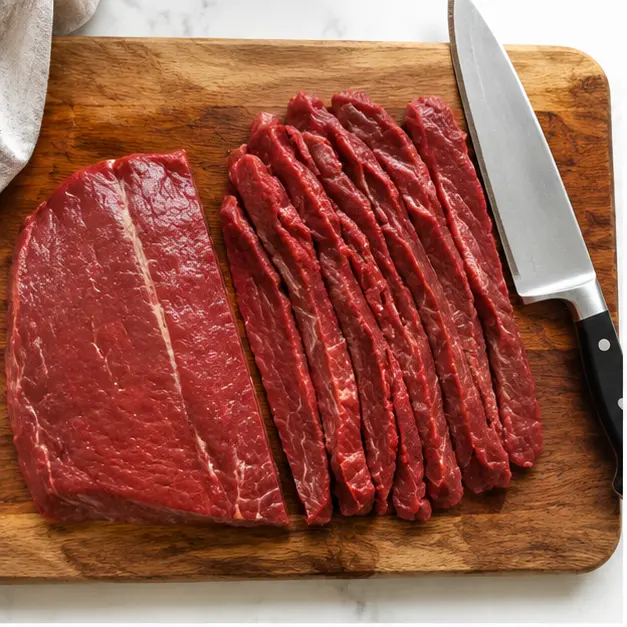 Step 1: Slicing the flank steak into thin pieces