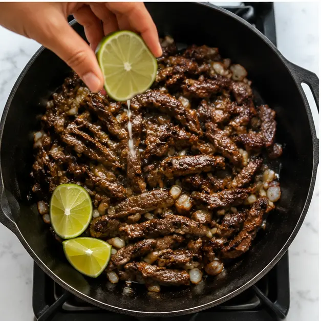 Step 3: Squeezing fresh lime juice over the cooked meat