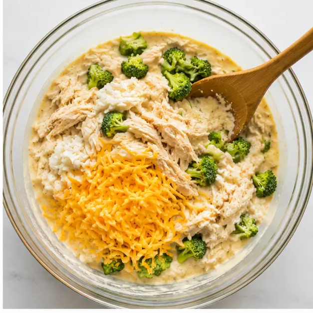 Step 2: Folding chicken, rice, broccoli, and cheese into sauce