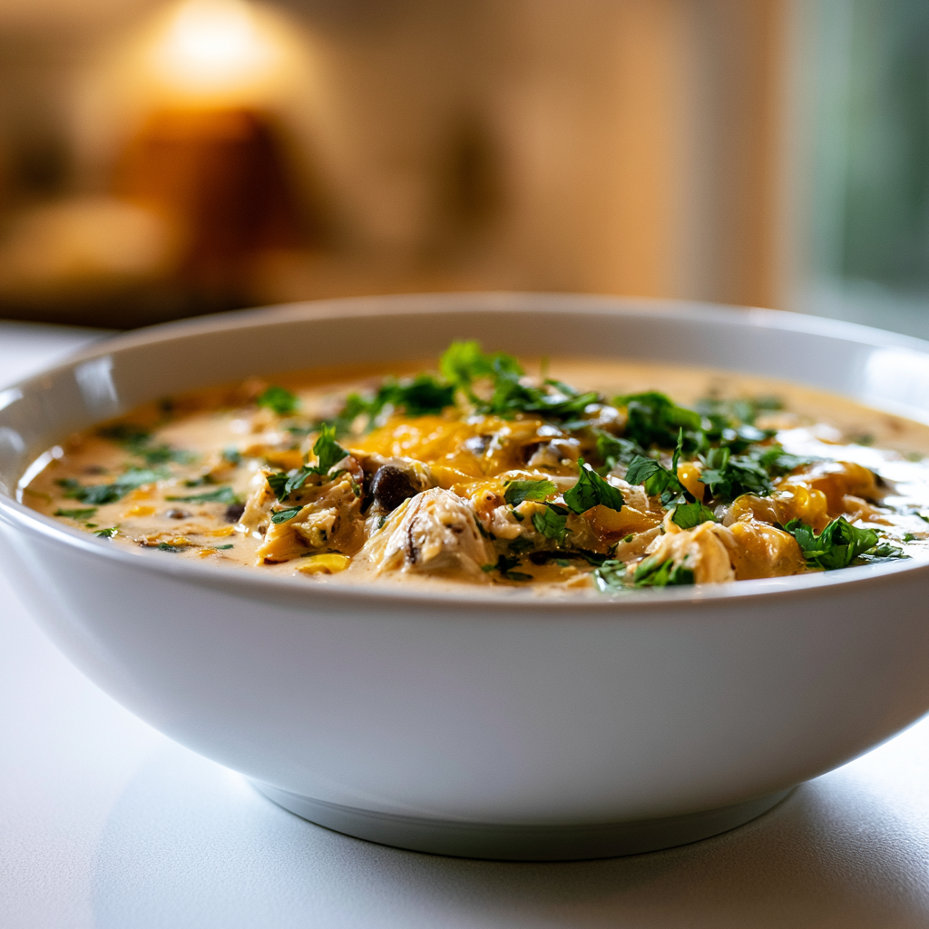 finished chicken enchilada soup in a bowl with avocado, cilantro, and tortilla chips on top