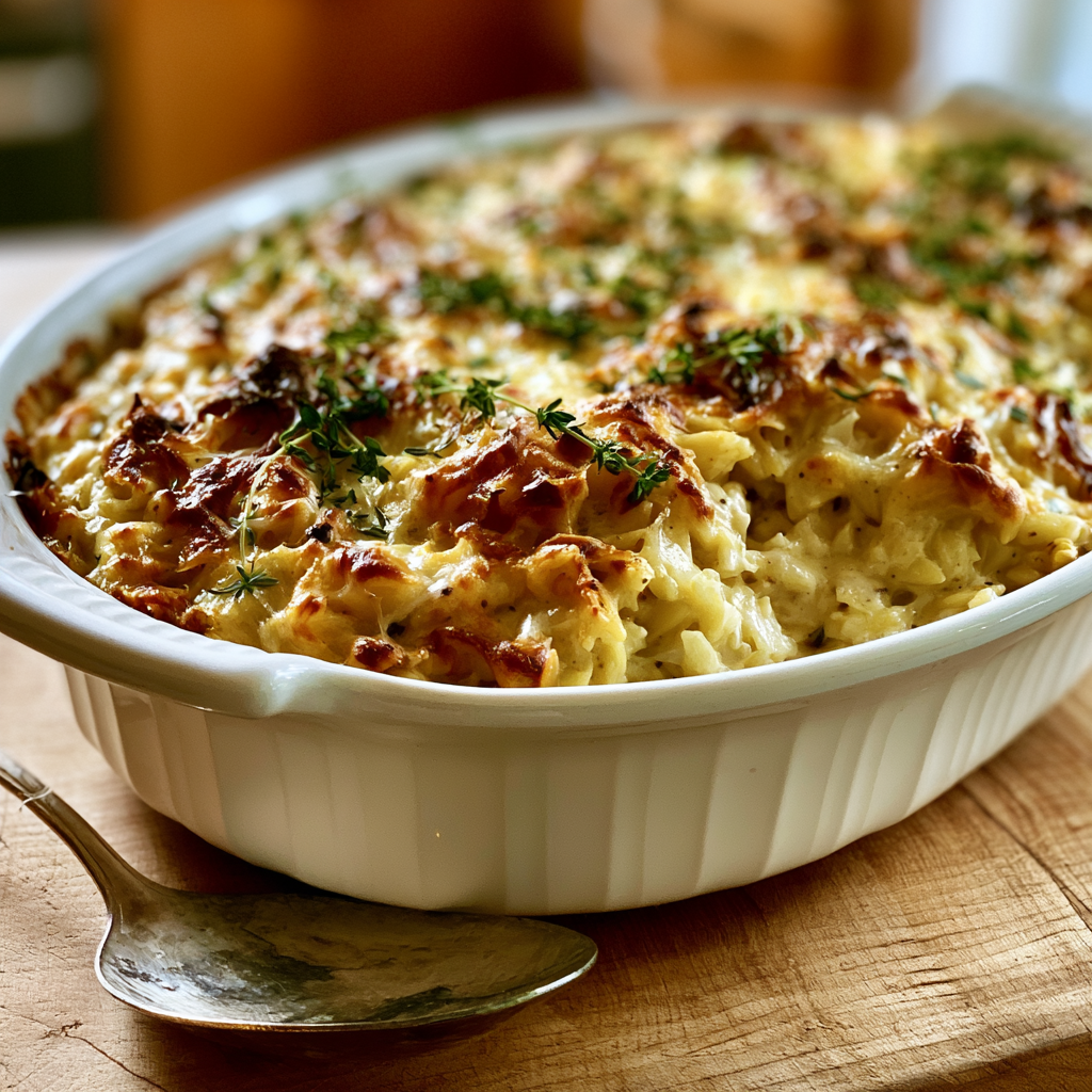 Final presentation of chicken orzo bake in a white baking dish with fresh thyme garnish