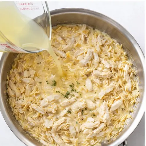 Step 3: Pouring chicken broth and heavy cream into the skillet