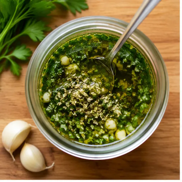 Step 1: Mixing fresh chimichurri sauce in a jar