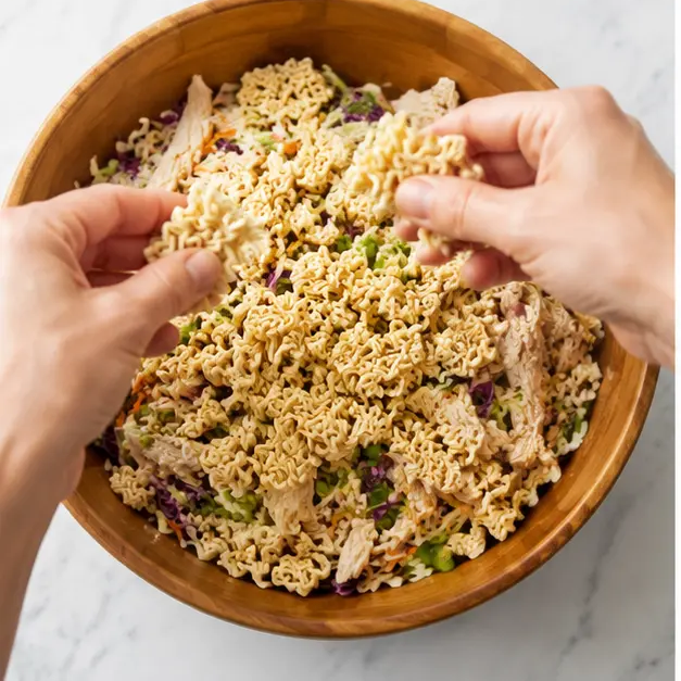 Step 3: Breaking ramen noodles into the salad