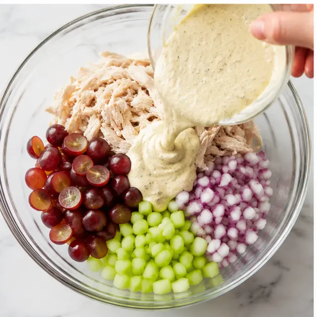 Step 3: Pour the dressing over the chicken mixture
