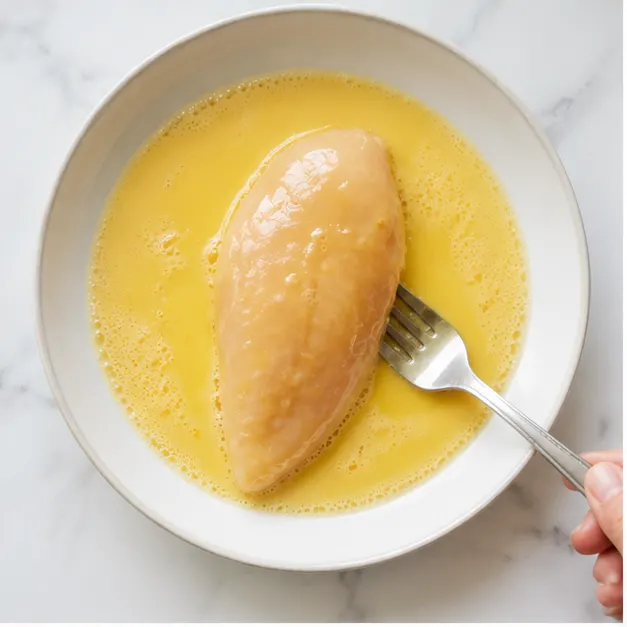 Step 1: Dip chicken in egg wash