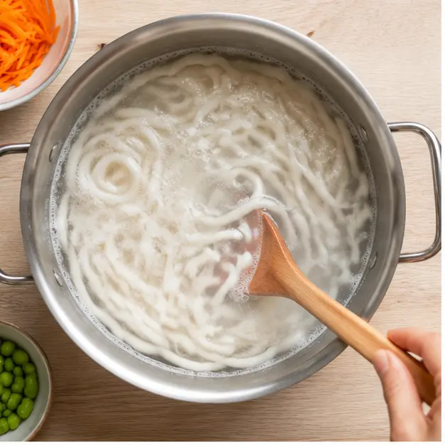 Step 1: Boiling udon noodles until tender