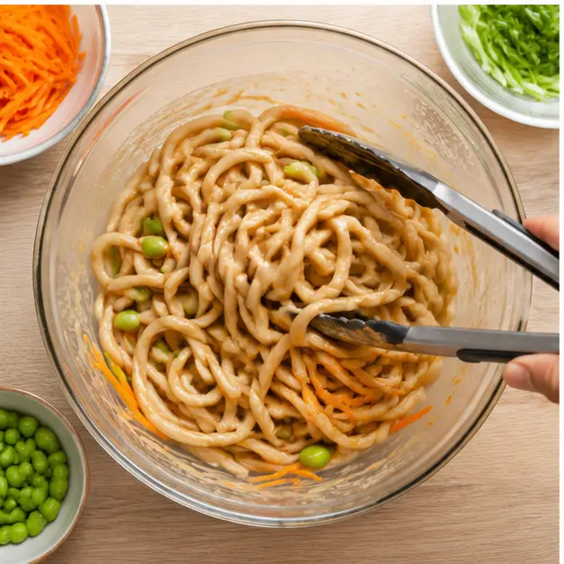 Step 3: Tossing chilled noodles with sauce and veggies