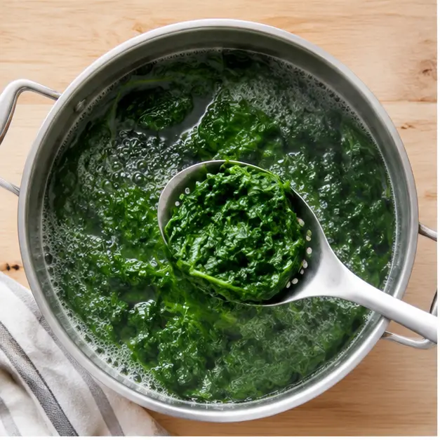 Step 1: Blanch frozen spinach in boiling water until tender