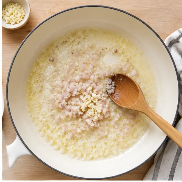 Step 2: Sauté shallots and garlic in butter until softened