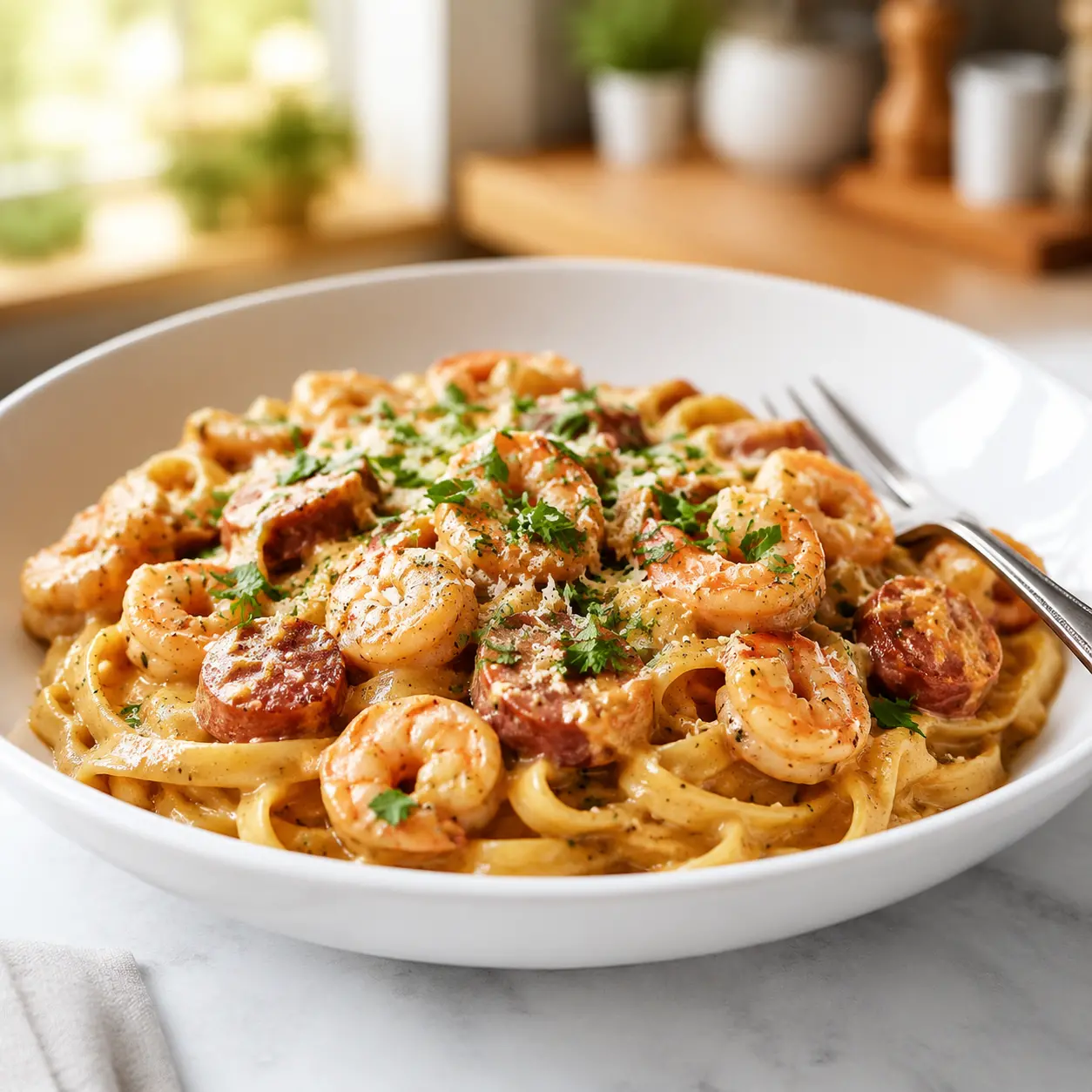 creamy cajun shrimp and beef sausage - final presentation