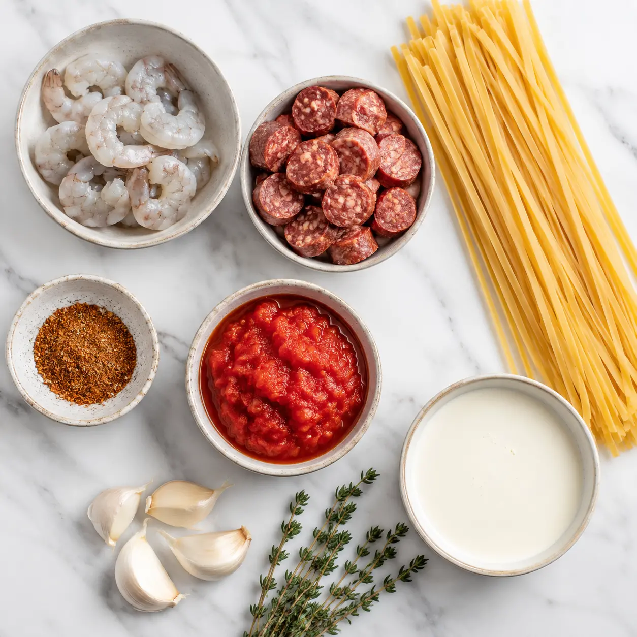 creamy cajun shrimp and beef sausage - main ingredients