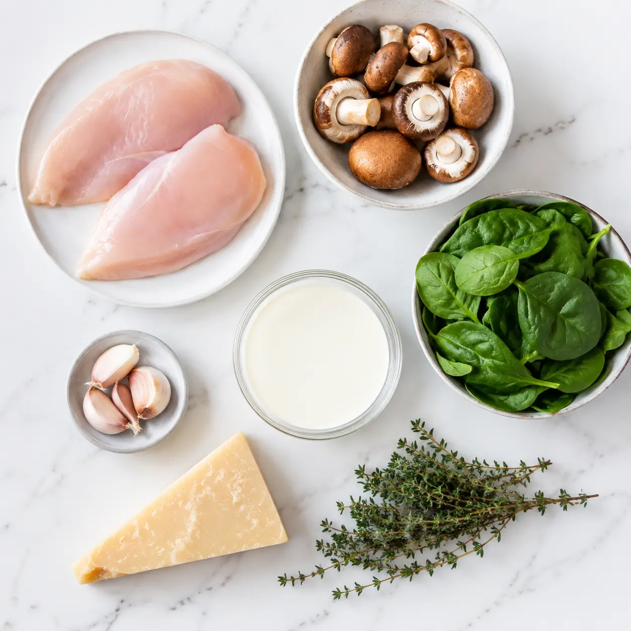 creamy chicken mushroom spinach skillet - main ingredients