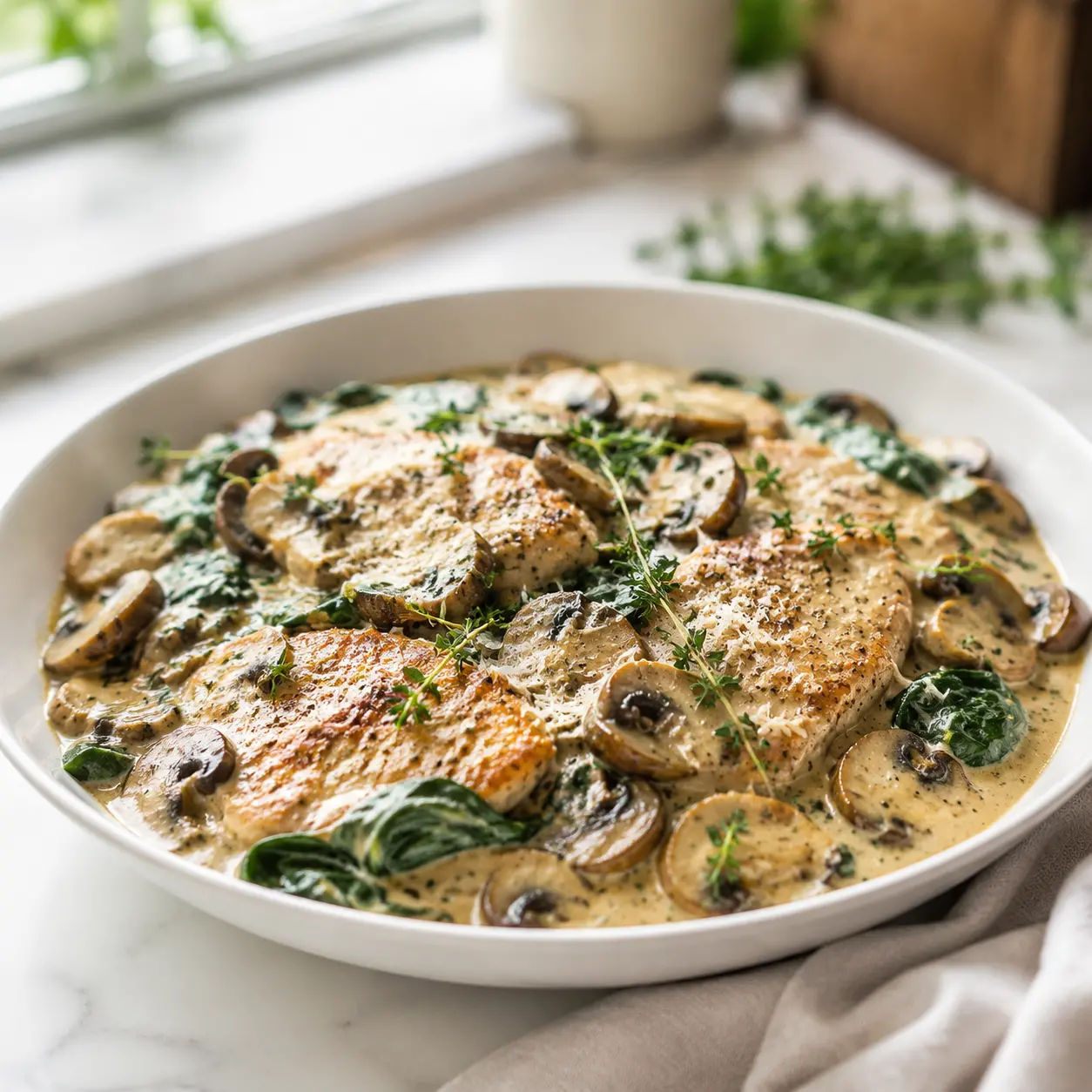 creamy chicken mushroom spinach skillet - final presentation