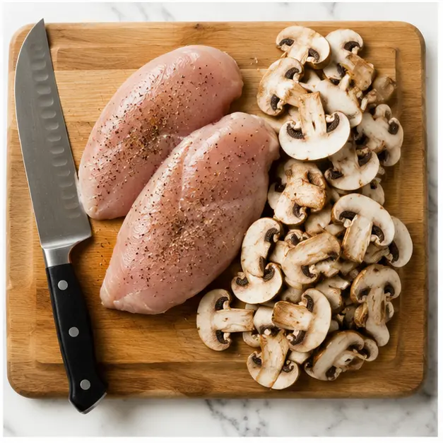 Step 1: Seasoning chicken fillets and slicing mushrooms