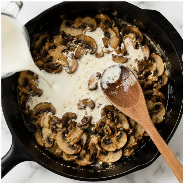 Step 3: Pouring cream sauce over mushrooms and garlic