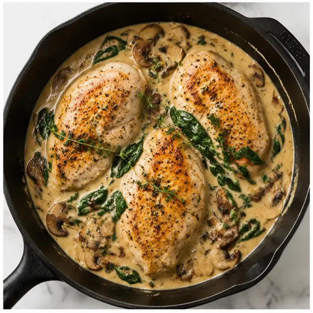Step 4: Finished skillet with chicken, spinach, and herbs