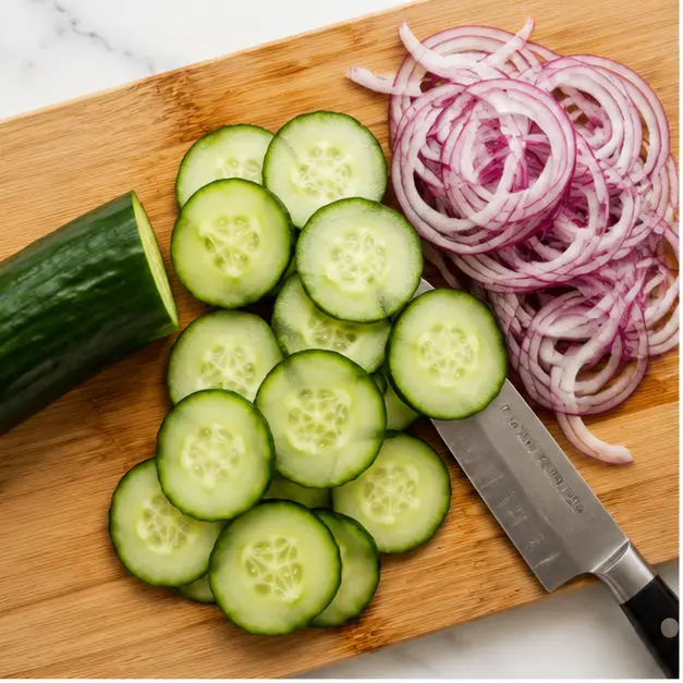Step 1: Slicing cucumbers and red onion