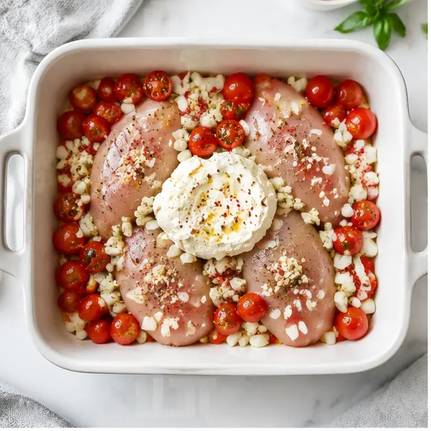 Step 1: Arrange chicken and tomatoes in baking dish