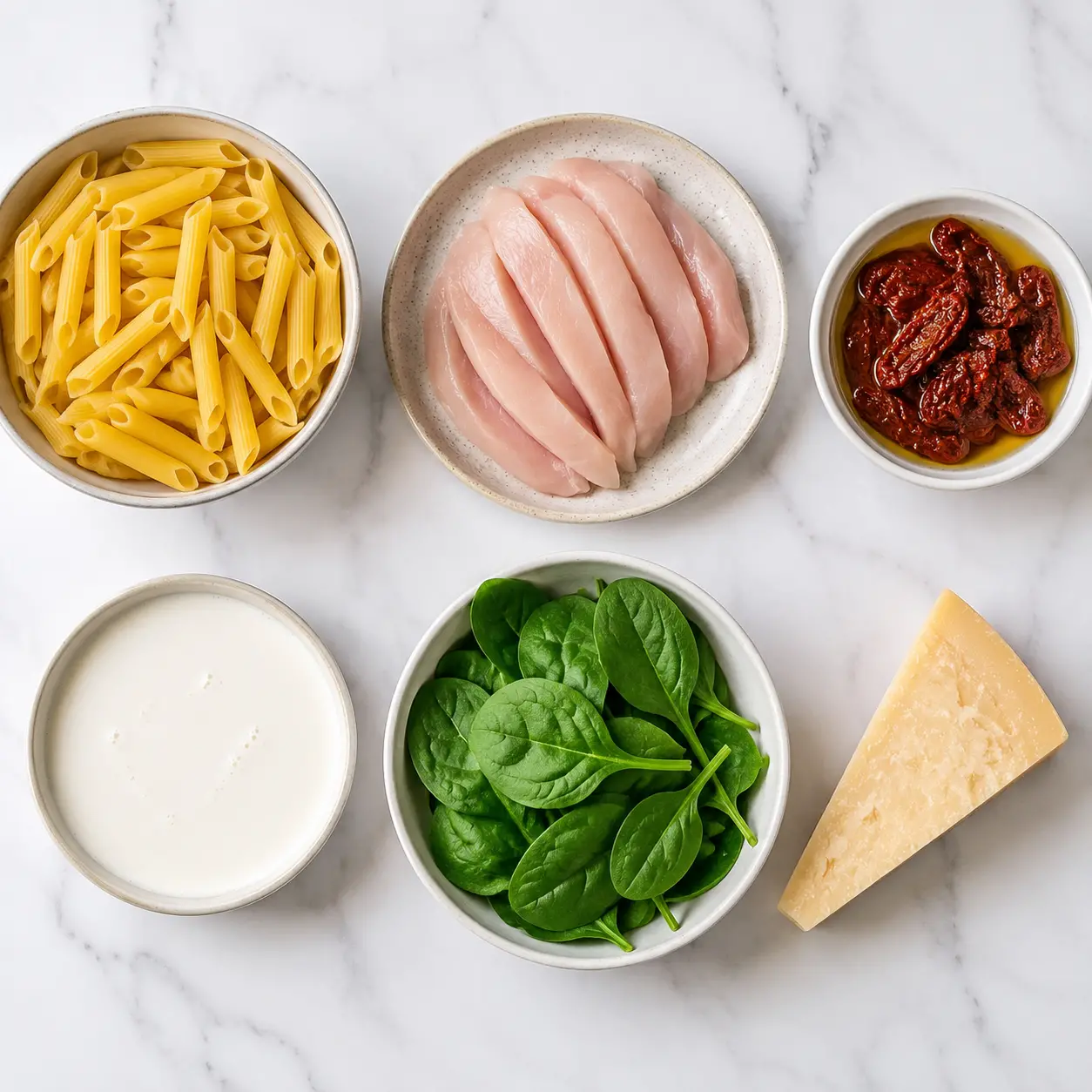 creamy tuscan chicken pasta - main ingredients