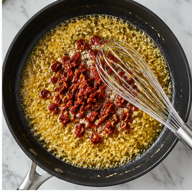 Step 2: Building the creamy sauce with garlic and sun-dried tomatoes